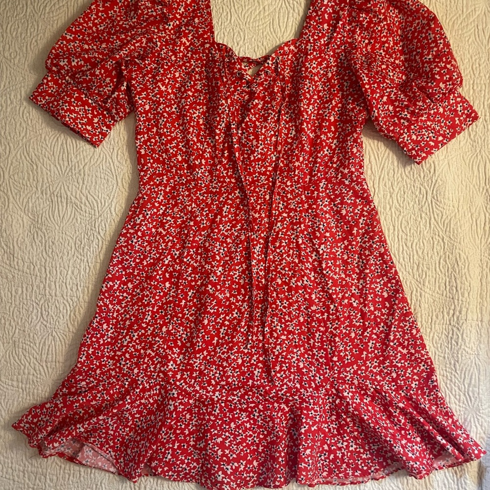 Red Floral Dress with Puff Sleeves